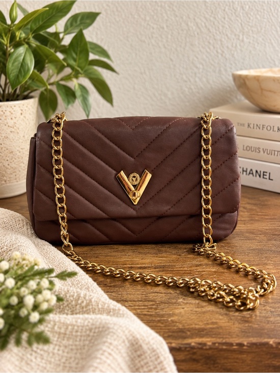 Valentino Orlandi Handbags - Valentino Orlandi | Brown Quilted Chain Shoulder Bag | Gold Hardware